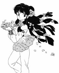 Rule 34 | 1girl, cherry blossoms, chinese clothes, dress, greyscale, long hair, looking at viewer, monochrome, official art, petals, ranma 1/2, shampoo (ranma 1/2), sidelocks, solo, standing, takahashi rumiko