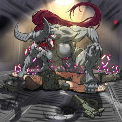 1boy 1girl abs bouncing_breasts breasts demon demon_girl doom_(series) doom_i femdom girl_on_top hell_knight hetero highres horns huge_breasts inverted_nipples large_areolae lips long_hair monster monster_girl muscular muscular_female nude parted_lips penis pussy rape red_hair sex very_long_hair yellow_eyes