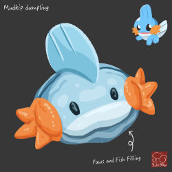 arrow_(symbol) artist_logo artist_name character-themed_food character_name dumpling food food_focus food_name gen_3_pokemon grey_background highres logo mudkip nintendo no_humans pokemon pokemon_(creature) simple_background yuki00yo