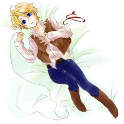 1boy ahoge america_(hetalia) axis_powers_hetalia az0212 bad_id bad_pixiv_id bed blonde_hair blue_eyes boots cowboy_boots full_body male_focus midriff ribbon solo white_background aged_down