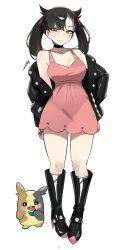 asymmetrical_bangs asymmetrical_hair black_choker breasts choker cleavage dress gen_8_pokemon highres holding holding_poke_ball marnie_(pokemon) morpeko nintendo off_shoulder pink_dress poke_ball poke_ball_(basic) pokemon pokemon_swsh twintails undercut zet_(twt_zet)