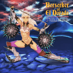 1girl abs album_cover armor ball_and_chain_(weapon) bare_shoulders biceps blunt_bangs boots breastplate breasts chain closed_mouth cover elbow_gloves english_text fate/grand_order fate_(series) flail full_body gloves highres looking_at_viewer muscular muscular_female navel parody penthesilea_(fate) rimviolet sidelocks smile solo spiked_ball_and_chain spiked_boots thighhighs underboob vambraces weapon white_hair yellow_eyes yngwie_malmsteen