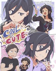 1boy 1girl 1other :3 adriana_ortega angel_martinez black_eyes black_hair black_nails black_shirt clinical_trial_(game) commentary_request crossed_arms grin hair_ornament heart highres jewelry lee_smith long_hair long_sleeves makeup_brush multiple_views nail_polish one_eye_closed pminthama purple_nails rabbit_hair_ornament shirt smile star_(symbol) steepled_fingers sweat translation_request