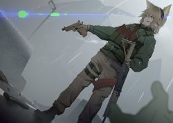 1girl akm animal_ears assault_rifle blood blue_eyes blurry boots cat_ears commentary commentary_request depth_of_field dutch_angle escape_from_tarkov fn_fnx_45 green_shirt gun handgun headset heterochromia holding holding_weapon kalashnikov_rifle knee_pads load_bearing_vest original outstretched_hand pants pistol pov pov_hands rain red_eyes rifle shell_casing shirt trigger_discipline warashi weapon