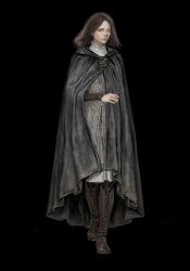 1girl absurdres black_background black_cloak boots bracer brooch brown_boots brown_hair cape cloak closed_mouth dress elden_ring facial_tattoo full_body highres hood hooded_cape jewelry looking_at_viewer medium_hair melina_(elden_ring) one-eyed one_eye_closed parted_bangs robinrot solo standing tattoo white_dress