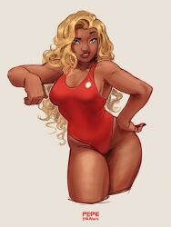 Rule 34 | 1girl, armpits, artist name, blonde hair, blue eyes, breasts, cropped legs, dark-skinned female, dark skin, grey background, hand on own hip, highres, lifeguard, lifeguard (lilo &amp; stitch), lilo &amp; stitch, long hair, looking at viewer, medium breasts, one-piece swimsuit, pepedraws, red one-piece swimsuit, simple background, solo, swimsuit