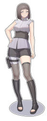 1girl arched_bangs black_boots black_hair black_shorts boots boruto:_naruto_next_generations c-eye closed_mouth commentary full_body hand_on_own_hip highres hyuuga_hinata looking_at_viewer naruto:_the_last naruto_(series) no_pupils open-toe_boots outline shirt short_hair short_shorts shorts sleeveless sleeveless_shirt smile solo standing symbol-only_commentary thighhighs white_background white_eyes white_outline