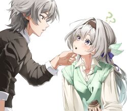 1boy 1girl ? ?? absurdres black_sweater blue_ribbon blush caelus_(honkai:_star_rail) collared_shirt firefly_(honkai:_star_rail) food food_in_mouth food_on_face full_mouth gradient_hair green_sweater_vest hair_between_eyes hair_intakes hair_ornament hair_ribbon hairband hetero highres honkai:_star_rail honkai_(series) long_hair long_sleeves mint_ch multicolored_hair open_mouth ribbon shirt sweatdrop sweater sweater_vest trailblazer_(honkai:_star_rail) white_shirt yellow_eyes