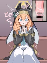 !? 1girl :o ^^^ aoshiroon armband artificial_vagina asymmetrical_hair bar_censor black_coat blue_archive blue_eyes blue_neckerchief blush braid censored coat disembodied_penis dress erection flower halo hands_up heart interlocked_fingers japanese_text just_the_tip long_dress long_hair long_sleeves looking_at_viewer male_masturbation mari_(blue_archive) masturbation motion_lines neckerchief nun open_mouth orange_hair own_hands_together penis sex_toy shared_sense sidelocks single_braid sitting solo_focus straight-on surprised translation_request trembling veil white_dress white_flower wide-eyed yellow_halo