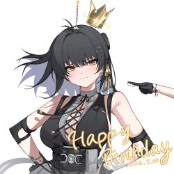 1girl 1other absurdres antenna_hair bare_shoulders black_hair blush breasts character_request commentary cream cream_on_face cross-laced_clothes cross-laced_dress crown earrings elbow_pads female_rover_(wuthering_waves) food food_on_face hair_ribbon highres jewelry large_breasts looking_at_viewer multiple_girls oxooxo666 ribbon rover_(wuthering_waves) simple_background smirk solo_focus symbol-only_commentary tacet_mark_(wuthering_waves) triangle_earrings upper_body white_background wuthering_waves yellow_eyes yellow_ribbon