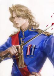 1boy award_ribbon axis_powers_hetalia blonde_hair blue_jacket facial_hair france_(hetalia) gloves goatee_stubble high_collar highres holding holding_sword holding_weapon jacket long_sleeves looking_at_viewer male_focus medal medium_hair military military_jacket military_uniform petals purple_eyes rapier red_sash sash simple_background solo stubble sword upper_body wafen_juemu weapon white_background