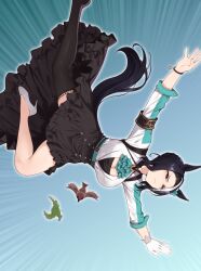 1girl absurdres animal_ears aqua_ascot ascot asymmetrical_footwear bird black_hair black_skirt blue_ascot breasts cleavage emphasis_lines gloves hair_bun high_heels highres horse_ears horse_girl horse_tail japanese_white-eye large_breasts mejiro_ramonu_(umamusume) mismatched_footwear mole mole_under_eye motsunabe_(mo2nap3) multicolored_hair outstretched_arms purple_eyes single_glove single_hair_bun skirt streaked_hair striped_hair tail umamusume white_gloves white_hair