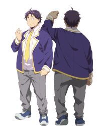 Rule 34 | anime coloring, arm up, back, black eyes, blue hair, blue jacket, clenched hand, closed mouth, collared shirt, full body, grey pants, highres, hitoribocchi no isekai kouryaku, jacket, looking at viewer, male focus, multiple views, nakano keiya, necktie, open clothes, open hand, open jacket, ota c (hitoribocchi no isekai kouryaku), pants, school uniform, shirt, shoes, short hair, simple background, smile, solo, standing, transparent background, very short hair, white shirt, yellow necktie