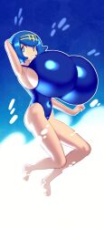 1girl absurdres angstrom ass blue_eyes blue_hair breasts female_focus game_freak gigantic_breasts highres lana_(pokemon) nintendo open_mouth oppai_loli pokemon pokemon_sm short_hair smile source_request swimsuit