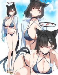 1girl absurdres alternate_costume alternate_hair_length alternate_hairstyle animal_ear_fluff animal_ears bikini black_bikini black_choker black_hair black_halo black_tail blue_archive blue_bikini blue_tail breasts bright_pupils brown_sandals cape cat_ears cat_girl cat_tail choker cleavage cosplay criss-cross_halter extra_ears full_body gradient_tail hair_intakes hair_ornament hairpin halo halterneck highres kemonomimi_mode kikyou_(blue_archive) kikyou_(blue_archive)_(cosplay) kikyou_(swimsuit)_(blue_archive) large_breasts layered_bikini legs looking_at_viewer multiple_tails multiple_views navel red_eyes rio_(blue_archive) sandals shigure_s short_hair standing stomach swimsuit tail thighs toes two_tails white_cape white_pupils
