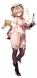 1girl :d absurdres animal_ears animal_print arm_at_side armpit_crease beret bikini black_boots black_gloves blonde_hair blush boots bow bowtie breasts brown_eyes cat_ears cat_girl cat_tail cat_teaser cleavage curvy detached_collar dot_nose freng full_body garter_belt gloves hair_between_eyes half-closed_eye hat head_tilt high_heel_boots high_heels highres holding holding_toy large_breasts looking_at_viewer notice_lines one_eye_closed open_mouth orange_bow orange_bowtie original over-kneehighs print_bikini short_hair simple_background smile socks solo swimsuit tail thick_thighs thighhighs thighs tiger_print toy white_background white_bikini white_garter_belt white_hat white_socks