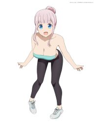 1girl absurdres artist_name bare_shoulders black_leggings blue_eyes blush breasts cleavage collarbone commentary coro_fae english_commentary fanbox_username fujiwara_chika green_tube_top hair_bun highres kaguya-sama_wa_kokurasetai_~tensai-tachi_no_renai_zunousen~ large_breasts leggings long_hair looking_at_viewer open_mouth pink_hair shoes simple_background smile sneakers solo strapless thighs tube_top twitter_username white_background white_shoes
