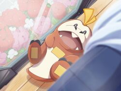 Rule 34 | fangs, floor, flower, fuecoco, happy, highres, hos16g, indoors, lying, nintendo, no humans, official art, on back, open mouth, pokemon, pokemon (creature), pokemon focus, pokemon sleep, smile, teeth, window, wooden floor