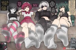 Rule 34 | 2b (nier:automata), 4girls, :o, artificial eye, black hair, black pants, black shirt, bow, couch, crop top, cropped jacket, cup, dirty, dirty clothes, dorothy haze, drinking straw, english text, feet, green eyes, green hair, hand on own head, headband, holding, holding cup, jun (my dystopian robot girlfriend), long hair, midriff, mole, mole under mouth, multiple girls, my dystopian robot girlfriend, navel, navel piercing, nier:automata, nier (series), pale skin, pants, patreon username, piercing, pink eyes, pink skirt, qingyi (zenless zone zero), robot, robot girl, sachifufu, shirt, shoes, shorts, skirt, smile, smirk, socks, sports bra, striped clothes, striped socks, thighhighs, thighs, unworn shoes, va-11 hall-a, white hair, white socks, yellow eyes, zenless zone zero