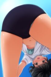 1girl ass bent_over black_hair blue_bra blue_buruma blush bra breasts brown_eyes buruma clothes_lift from_behind green_panties gym_uniform looking_at_viewer matsunaga_kouyou navel open_mouth original panties panty_peek polka_dot polka_dot_bra shirt shirt_lift short_hair short_sleeves sky small_breasts smile standing sun teeth underwear white_shirt