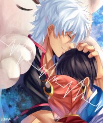 1girl 2boys black_hair black_shirt bun_cover closed_eyes closed_mouth commentary commentary_request dog double_bun gintama hair_bun hand_on_another&#039;s_head high_collar highres hug japanese_clothes kagura_(gintama) multiple_boys orange_hair oukasakata sadaharu sakata_gintoki shimura_shinpachi shirt short_hair short_sleeves smile white_fur white_hair