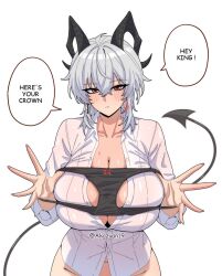1girl absurdres akazuan_19 black_horns black_panties black_tail blush bow bow_panties breasts collarbone collared_shirt commentary curled_horns demon_tail earrings english_text fingernails grey_hair groin hair_between_eyes highres holding holding_panties holding_underwear holding_unworn_clothes horns huge_breasts jewelry key_earrings long_hair looking_at_viewer multicolored_hair navel out-of-frame_censoring panties red_eyes shirt simple_background solo streaked_hair symbol-only_commentary tail twitter_username underwear unworn_panties white_background white_shirt wuthering_waves zani_(wuthering_waves)
