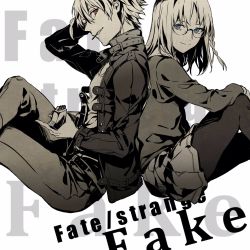 1boy 1girl back-to-back blue_eyes braid copyright_name fate/strange_fake fate_(series) food glasses high_contrast highres jacket pantyhose pocky red_eyes redoxhn richard_i_(fate) sajou_ayaka_(fate/prototype) sajou_ayaka_(fate/strange_fake) sitting spot_color