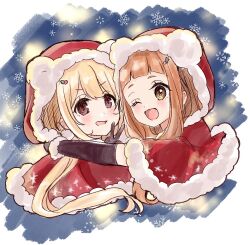 Rule 34 | 2girls, ;d, black gloves, blonde hair, blush, brown eyes, brown hair, capelet, christmas, commentary request, cropped torso, elbow gloves, floating hair, fur-trimmed capelet, fur-trimmed hood, fur trim, futaba anzu, gloves, hood, hood up, hooded capelet, hug, ichihara nina, idolmaster, idolmaster cinderella girls, idolmaster cinderella girls starlight stage, long hair, low twintails, multiple girls, one eye closed, open mouth, red capelet, rino cnc, smile, snowflakes, thick eyebrows, twintails, upper body, very long hair