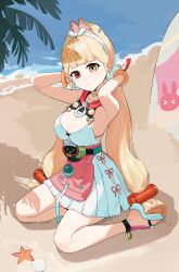1girl absurdres alice_thymefield alice_thymefield_(sea_of_thyme) animal_ears anklet bad_source beach blonde_hair blunt_bangs braid braided_bangs breasts chaojiwudi_moxiansheng cleavage closed_mouth dress full_body hairband heterochromia highres jewelry long_hair looking_at_viewer low_twintails medium_breasts ocean outdoors palm_tree rabbit rabbit_ears red_eyes sand sandals shell sitting solo starfish swimsuit tree twintails very_long_hair virtual_youtuber water yellow_eyes zenless_zone_zero