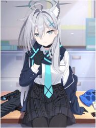 Rule 34 | 1girl, ahoge, animal ear fluff, animal ears, balaclava, black gloves, black pantyhose, blue archive, blue eyes, blue necktie, blue scarf, blue sweater, blurry, blurry background, breast pocket, collared shirt, commentary request, cross, cross hair ornament, depth of field, double-parted bangs, gloves, gun, hair between eyes, hair ornament, halo, highres, inverted cross, k-d, long eyelashes, looking at viewer, mask, necktie, off-shoulder sweater, off shoulder, pantyhose, plaid clothes, plaid skirt, pleated skirt, pocket, scarf, shiroko (blue archive), shirt, shirt tucked in, single sleeve past wrist, sitting, sitting on table, skirt, smile, solo, sweater, unworn mask, weapon, white hair, white shirt