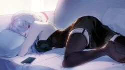 1girl bare_arms bare_shoulders black_dress black_garter_straps black_pantyhose couch dress garter_straps hair_ornament hairclip han_(ozrfour) highres hugging_object long_hair looking_at_viewer lying nijisanji no_shoes on_couch on_stomach one_eye_closed pantyhose pillow pillow_hug pointy_ears purple_eyes rhea_(virtuareal) sleeveless sleeveless_dress solo virtuareal white_hair