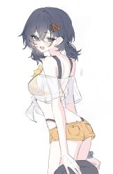 Rule 34 | 1girl, ame amean, ass, belle (zenless zone zero), from behind, hair ornament, highres, letter hair ornament, multicolored eyes, official alternate costume, open mouth, orange shorts, short shorts, short twintails, shorts, simple background, smile, solo, twintails, two-tone eyes, white background, zenless zone zero