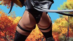 1girl 3d ass ass_focus breasts butterfly_swords curvy forest highleg highleg_leotard highres holding holding_weapon huge_ass iroha_(samurai_spirits) large_breasts legs_apart leotard maid nature ryona samurai_spirits screencap shiny_skin sideboob skindentation sky solo thighhighs third-party_edit thong_leotard tree weapon wide_hips