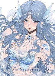 1girl bare_shoulders blue_eyes blue_hair blue_scales bra bracelet circlet criis-chan frills infinity_nikki jewelry long_hair looking_at_viewer necklace nikki_(series) scales simple_background snowy_ballad_(infinity_nikki) solo strapless underwear wavy_hair white_background