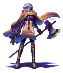 1girl absurdres ammunition_pouch artist_name asymmetrical_dual_wielding axe beyond_citadel breasts crotch_strap dual_wielding gloves gun headset highres holding holding_gun holding_weapon long_sleeves martyr_(the_citadel) medium_breasts minebea_pm-9 navel official_alternate_costume pouch psyoptima purple_eyes purple_gloves purple_hair purple_thighhighs revealing_clothes shadow short_hair simple_background solo submachine_gun the_citadel thighhighs weapon white_background