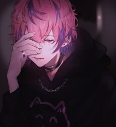 Rule 34 | 1girl, black choker, black hoodie, chain, chain necklace, choker, commentary, earrings, hair between eyes, hand over eye, hand up, highres, hood, hood down, hoodie, indie utaite, jewelry, lips, long sleeves, looking at viewer, mano aaa, multicolored hair, necklace, nqrse, one eye covered, parted lips, pink eyes, pink hair, print hoodie, purple streaks, ring, short hair, solo, streaked hair, stud earrings, upper body, utaite