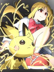 1girl absurdres ahoge blonde_hair blue_skirt bocchi_the_rock! bow bowtie brown_eyes crossover detached_ahoge electricity full_body gen_2_pokemon grey_background highres ijichi_nijika long_hair long_sleeves looking_ahead mayo_(oekaki_bibbi) nintendo on_one_knee pichu pleated_skirt pokemon pokemon_(creature) red_bow red_bowtie red_eyes red_shoes school_uniform shimokitazawa_high_school_uniform shirt shoes side_ponytail sidelocks simple_background skirt sneakers white_shirt yellow_fur
