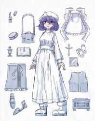 1girl apron bag blue_eyes blue_hair blue_skirt blue_vest book dress handbag highres koyane_(silver81106) lapel_pin letty_whiterock open_book skirt touhou vest waist_apron white_dress