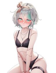 1girl absurdres black_bra black_panties blush bra braid cecilia_immergreen colored_inner_hair commentary doll doll_joints double-parted_bangs english_commentary green_eyes green_hair grey_hair hair_between_eyes hair_ornament highres hololive hololive_english jewelry joints looking_at_viewer multicolored_hair navel necklace panties parted_lips short_hair side_braid simple_background single_braid sk_jynx solo streaked_hair thigh_strap underwear underwear_only virtual_youtuber white_background winding_key