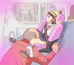 1boy 1girl age_difference aohige6061 artist_request balding between_legs blush bus bus_interior car_interior car_seat censored clothes_lift cunnilingus flat_chest full_body hetero implied_cunnilingus kindergarten_uniform loli molestation motor_vehicle old old_man older_man_and_younger_girl open_mouth oral panties panties_around_leg public_indecency restrained school_uniform seatbelt sitting tagme under_skirt underwear