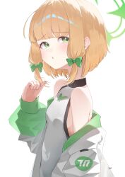 1girl absurdres bare_shoulders blonde_hair blue_archive bodysuit bow breasts green_bow green_eyes green_halo green_jacket hair_bow halo hand_up highres ixia559 jacket long_sleeves looking_to_the_side low-tied_sidelocks midori_(battlesuit)_(blue_archive) midori_(blue_archive) multicolored_jacket off_shoulder official_alternate_costume open_clothes open_jacket puffy_long_sleeves puffy_sleeves short_hair sidelocks simple_background sleeveless sleeveless_bodysuit small_breasts solo upper_body white_background white_bodysuit white_jacket