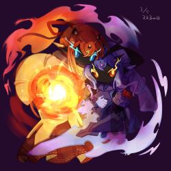 2boys arm_blade armarouge armor black_skin blue_eyes blue_hair blue_pupils braid ceruledge circlet closed_mouth colored_skin fiery_hair glowing glowing_eyes hair_between_eyes hair_ribbon highres long_hair mugimochi_g multiple_boys nintendo no_nose personification pointy_ears pokemon ponytail purple_armor purple_background red_eyes red_hair red_ribbon ribbon simple_background weapon yellow_armor yellow_pupils