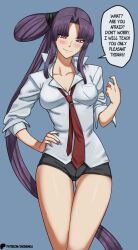 1girl artist_name black_hair black_shorts blush breasts closed_mouth commentary english_text fate/grand_order fate_(series) hair_bun hand_on_own_hip id_(fate/grand_order) jacket long_hair looking_at_viewer multicolored_eyes necktie patreon_logo pseudo-tokyo_school_uniform red_necktie school_uniform seductive_smile shinsaku_(stan-art) shirt shorts side_ponytail simple_background single_side_bun small_breasts smile solo speech_bubble sweat sword taira_no_kagekiyo_(fate) ushiwakamaru_(fate) very_long_hair weapon white_shirt