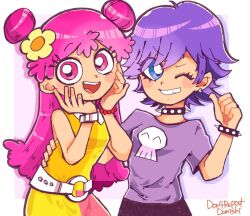 :d ami_onuki artist_name belt blue_eyes blush_stickers bracelet collar danishi double_bun dress earrings flower hair_bun hair_flower hair_ornament hand_on_another&#039;s_hip hi_hi_puffy_amiyumi jewelry long_hair looking_at_viewer one_eye_closed open_mouth pink_eyes pink_hair purple_hair purple_shirt shirt short_hair short_sleeves skull_print sleeveless sleeveless_dress smile spiked_bracelet spiked_collar spikes upper_body yellow_dress yumi_yoshimura