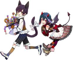 1boy 1girl aged_down animal_ears apron blue_hair boots borrowed_character bow candy candy_cane cat_ears cat_tail chocolate demon_girl demon_horns demon_tail demon_wings donut elbow_gloves food food_on_face gloves horns kamal_(pixiv_fantasia) lollipop nishihara_isao open_mouth pixiv_fantasia pixiv_fantasia_4 purple_hair red_eyes rose_(pixiv_fantasia_4) short_hair shorts smile socks striped_bow striped_clothes striped_legwear striped_shorts striped_socks sweets tail tail_bow tail_ornament vertical-striped_clothes vertical-striped_legwear vertical-striped_socks waist_apron wings yellow_eyes