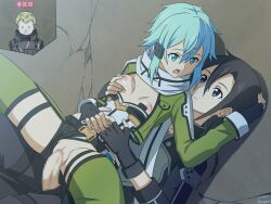Rule 34 | 1girl, 2boys, androgynous, black eyes, black gloves, black hair, black jacket, black pants, black shorts, blonde hair, blue eyes, blue hair, breasts, censored, closed mouth, clothing aside, commission, eye contact, fingerless gloves, gabriel miller, girl on top, gloves, grabbing another&#039;s breast, grabbing from behind, green jacket, green thighhighs, groping, hair between eyes, hair ornament, hairclip, hetero, highres, jacket, kirito, kirito (sao-ggo), long hair, looking at another, micro shorts, mosaic censoring, multiple boys, mysteryctu, nipples, open clothes, open jacket, open mouth, pants, penis, pixiv commission, pussy, sex, sex from behind, short hair, short hair with long locks, shorts, shorts aside, sidelocks, sinon, small breasts, smile, spread legs, straight hair, sword art online, thighhighs, trap, vaginal, x x