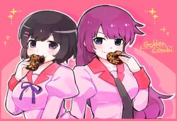 Rule 34 | 2girls, artist name, bakemonogatari, black hair, black necktie, blue eyes, blush stickers, border, breasts, closed mouth, donut, eating, food, food on face, garakutaya (grktya0831), hair ornament, hairclip, hand up, hanekawa tsubasa, highres, juliet sleeves, large breasts, long hair, long sleeves, looking at viewer, medium breasts, medium hair, monogatari (series), multiple girls, naoetsu high school uniform, neck ribbon, necktie, pink background, pink border, puffy sleeves, purple eyes, purple hair, purple ribbon, ribbon, school uniform, senjougahara hitagi, simple background, sparkle, upper body, very long hair