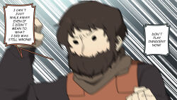 1boy arm_up armor artist_name beard black_eyes brown_hair clenched_hands commentary english_commentary facial_hair gomulgong highres leather_armor long_sleeves looking_at_another male_focus motion_blur original solid_oval_eyes solo twitter_username