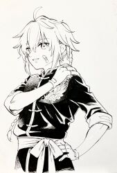 Rule 34 | 1boy, ahoge, bandaid, bandaid on cheek, bandaid on face, bow, braid, braided hair rings, chinese clothes, cowboy shot, dragon print, fingernails, greyscale, hair between eyes, hair rings, hand on own hip, hand on own shoulder, happy, highres, long sleeves, loose hair strand, monochrome, nib pen (medium), no+bi=, open mouth, pen (medium), photo (medium), pointy nose, sakura taisen, shin sakura taisen, sidelocks, single hair ring, sleeve cuffs, smile, solo, tangzhuang, teeth, three-quarter sleeves, traditional media, waist bow, yang xiaolong (shin sakura taisen)
