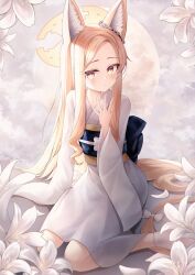 Rule 34 | 1girl, absurdly long hair, absurdres, alternate costume, animal ear fluff, animal ears, blonde hair, blue archive, blue sash, closed mouth, cloud background, commentary request, extra ears, flower, fox ears, fox girl, hair flower, hair ornament, halo, hand up, highres, ichizon, japanese clothes, kimono, long hair, long sleeves, looking at viewer, mixed-language commentary, multicolored eyes, multilingual commentary, obi, obiage, obijime, partial commentary, sash, seia (blue archive), sitting, socks, solo, two-tone eyes, very long hair, wariza, white flower, white kimono, white socks, wide sleeves, yellow halo